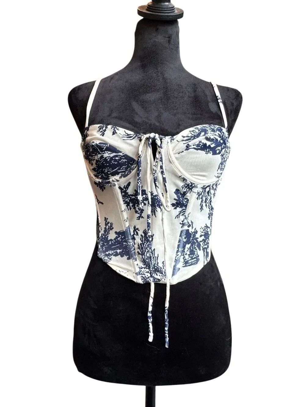 NWT Mixology Brooklyn Karma Alice Strappy Corset Crop Top Navy Teapot Print Size